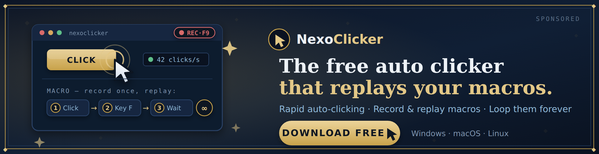 NexoClicker — free auto clicker with macro recorder and image detection. Download free for Windows, macOS and Linux.