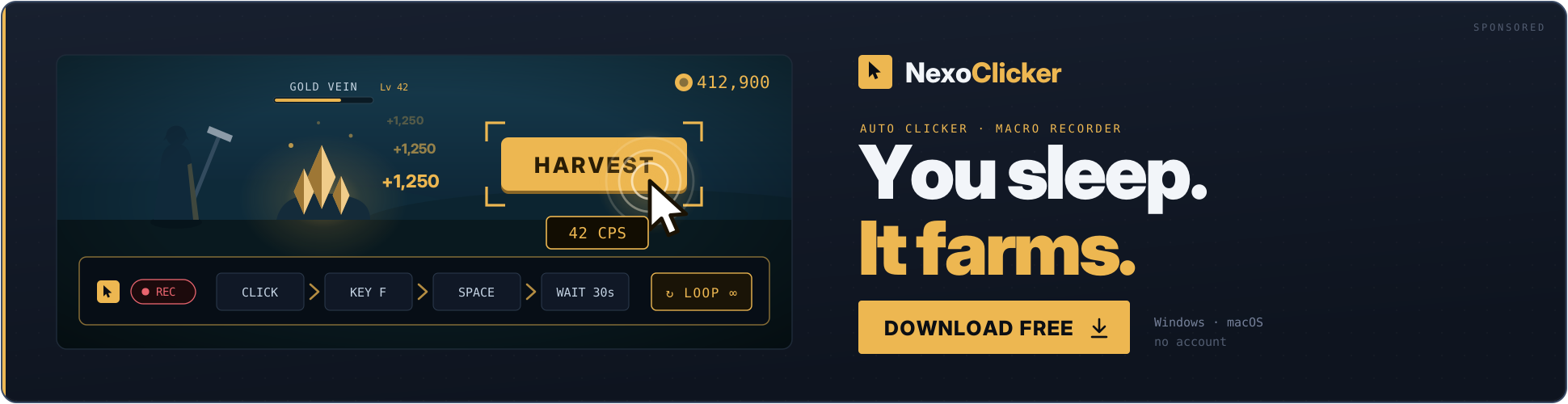 NexoClicker — free auto clicker with macro recorder and image detection. Download free for Windows, macOS and Linux.