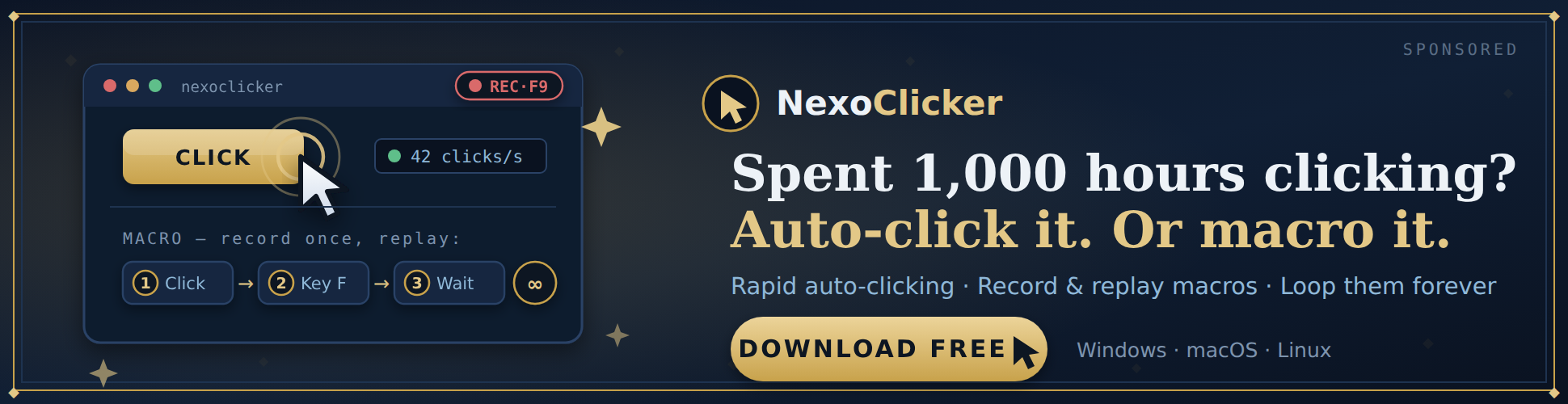 NexoClicker — free auto clicker with macro recorder and image detection. Download free for Windows, macOS and Linux.